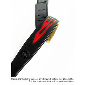 Vorson Black Leather Guitar Strap with Stitched Red Flame Design