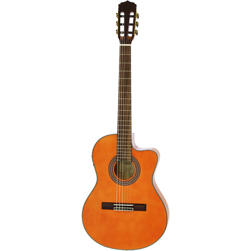 Aria A48 Series AC/EL Classical/Nylon String Thin Body Guitar with Cutaway in See-Thru Orange