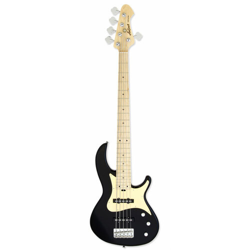 Aria RSB Series Pro-II 5-String Electric Bass Guitar in Black with Gold Pickguard