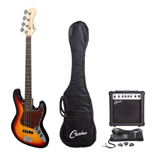 Casino J-Style Electric Bass Guitar and 15 Watt Amplifier Pack (Tobacco Sunburst)