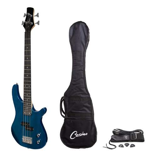 Casino '24 Series' Short Scale Tune-Style Electric Bass Guitar Set (Transparent Blue)