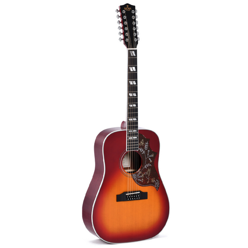 Sigma Dreadnought 12 String Solid Sitka Spruce Top, Mahogany Back and Sides with Hummingbird in Vintage Cherry Sunburst Gloss