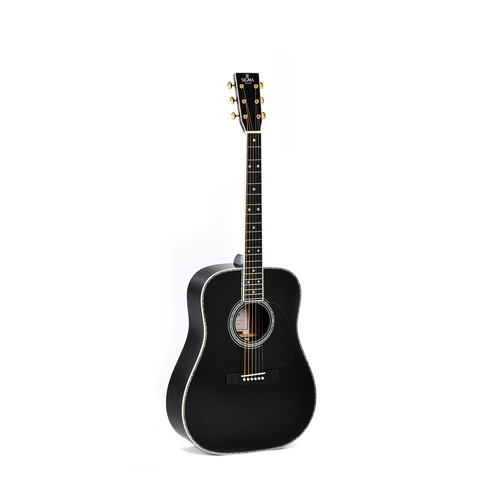 Sigma Dreadnought Solid Sitka Spruce in Tilia Back and Sides, Style 42 Inlay in Black Gloss
