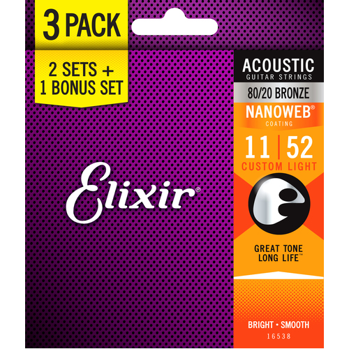 Elixir 16538 Nanoweb 80/20 11-52 3 Pack Custom Light