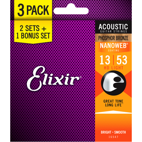 Elixir 16547 Nanoweb Phosphor Bronze HD Light 13-53 3 Pack