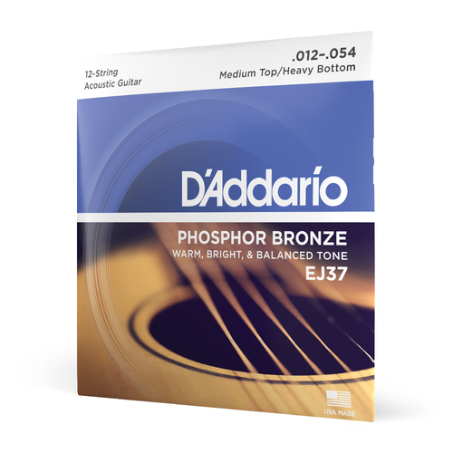 D'Addario EJ37 12 String Phosphor Bronze Acoustic Guitar Strings, Medium Top/Heavy Bottom, 12-54