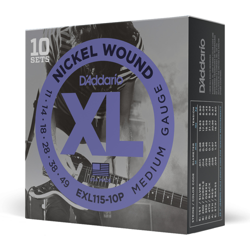 D'Addario EXL115-10P Nickel Wound Electric Guitar Strings, Medium/Blues-Jazz Rock, 11-49, 10 Sets