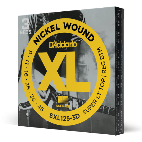 D'Addario EXL125-3D Nickel Wound Electric Guitar Strings, Super Light Top/Regular Bottom, 09-46, 3 Sets
