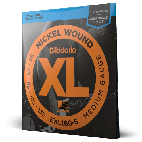 D'Addario EXL160-5 5 String Nickel Wound Bass Guitar Strings, Medium, 50-135, Long Scale