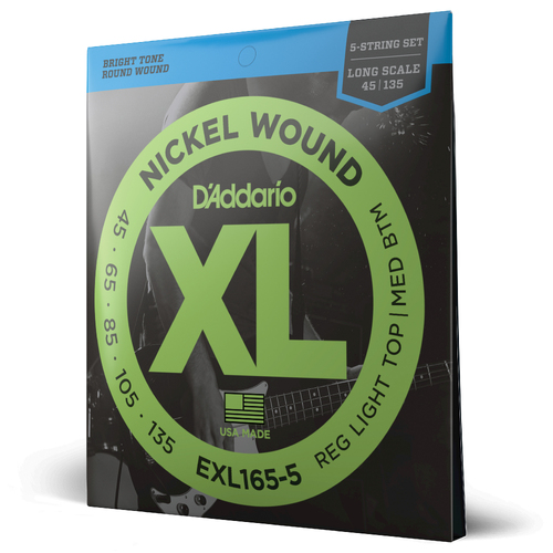 D'Addario EXL165 5 String Nickel Wound Bass Guitar Strings, Custom Light, 45-135, Long Scale