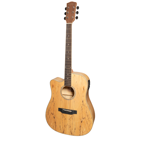 Martinez '31 Series' Spalted Maple AC/EL Dreadnought Cutaway Guitar Left Handed (Natural Gloss)
