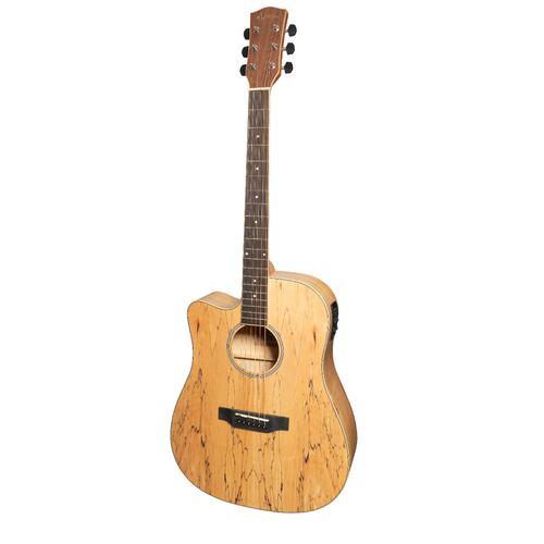 Martinez '31 Series' Spalted Maple AC/EL Dreadnought Cutaway Guitar Left Handed (Natural Satin)
