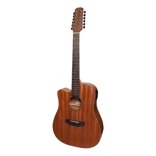 Martinez 'Natural Series' Left Handed Mahogany Top 12 String AC/EL Dreadnought Cutaway Guitar (Open Pore)