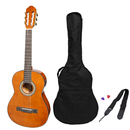 Martinez G-Series Left Handed 3/4 Size Student Classical Guitar Pack with Built in Tuner (Natural-Gloss)