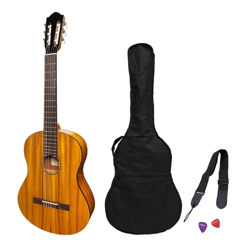 Martinez Full Size Student Classical Guitar Pack with Built in Tuner (Koa)