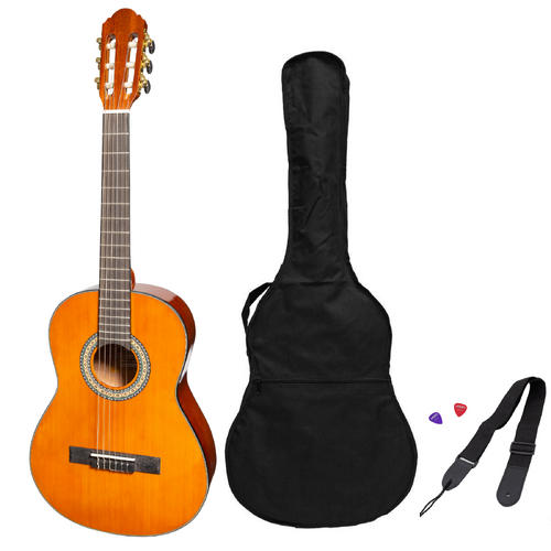 Martinez 'Slim Jim' G-Series 3/4 Size Student Classical Guitar Pack with Built in Tuner (Amber-Gloss)