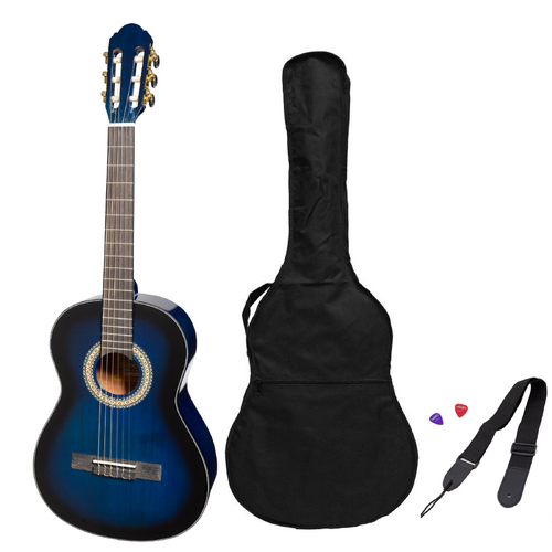 Martinez 'Slim Jim' G-Series 3/4 Size Student Classical Guitar Pack with Built in Tuner (Blue-Gloss)