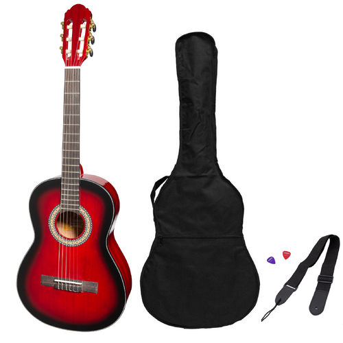 Martinez 'Slim Jim' G-Series 3/4 Size Student Classical Guitar Pack with Built in Tuner (Trans Wine Red-Gloss)