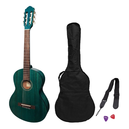 Martinez 'Slim Jim' 3/4 Size Student Classical Guitar Pack with Built in Tuner (Teal Green)