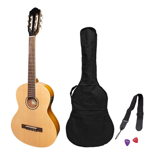 Martinez 'Slim Jim' Left Handed 3/4 Size Student Classical Guitar Pack with Built in Tuner (Spruce/Koa)