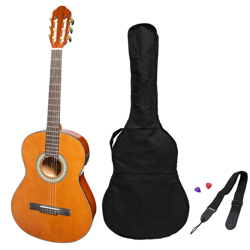 Martinez 'Slim Jim' G-Series Left Handed Full Size Student Classical Guitar Pack with Built in Tuner (Natural-Gloss)