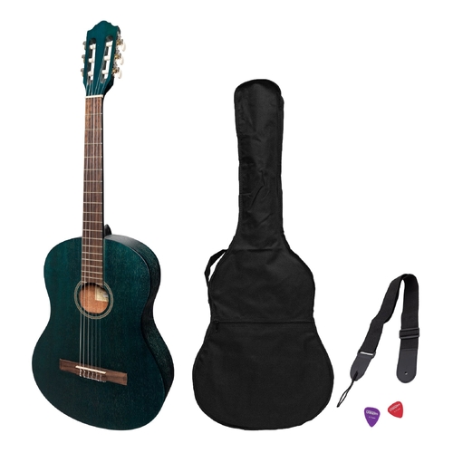 Martinez 'Slim Jim' Full Size Student Classical Guitar Pack with Built in Tuner (Blue)