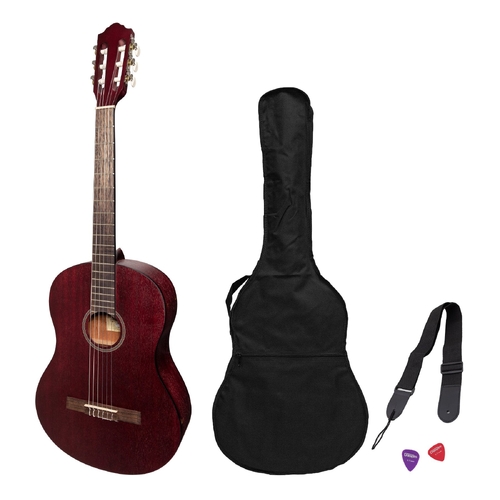 Martinez 'Slim Jim' Full Size Student Classical Guitar Pack with Built in Tuner (Red)