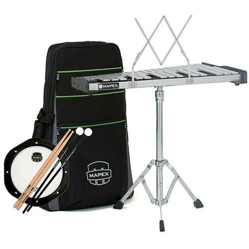 Backpack Percussion Kit, 2.5 octave 32-note keyboard (F5-C8) with Silver Sparkle front rail, 1" wide tone bars, removable music rack, Innovative Percu