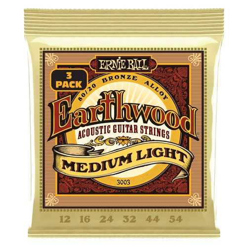 Ernie Ball 3003 Earthwood Medium Light 80/20 Bronze Acoustic Guitar Strings 3 Pack 12-54 Gauge