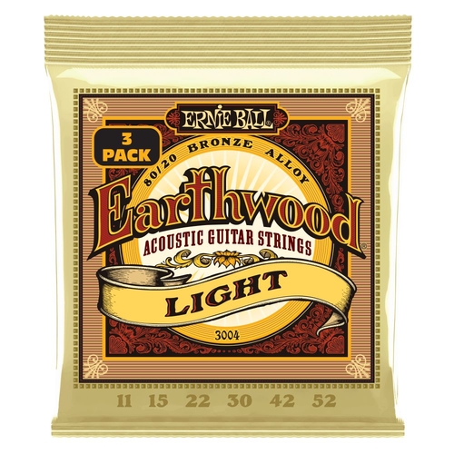 Ernie Ball 3004 Earthwood Light 80/20 Bronze Acoustic Guitar Strings 3-Pack 11-52 Gauge