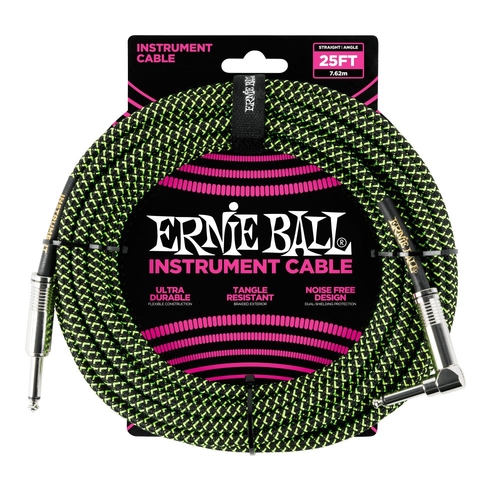 Ernie Ball 7.5 Meter Braided Straight / Angle Instrument Cable, Black / Green