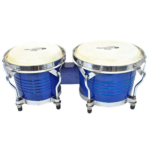 Percussion Plus Deluxe 6 & 7" Wooden Bongos in Gloss Blue Lacquer Finish