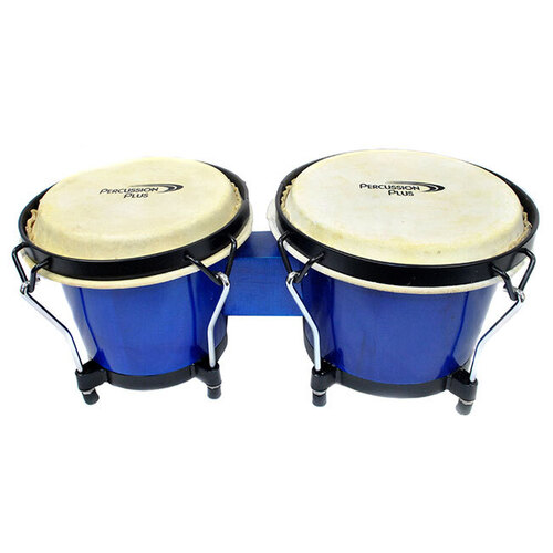 Percussion Plus 6 & 6-3/4" Wooden Bongos in Gloss Blue Lacquer Finish