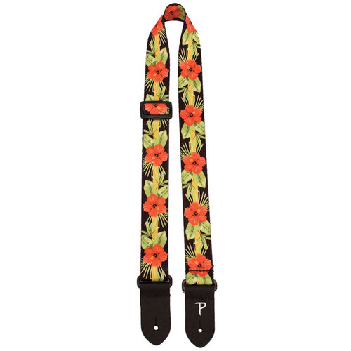 Perris 15" Polyester Ukulele Strap in Orange Luau Floral Design with Leather ends