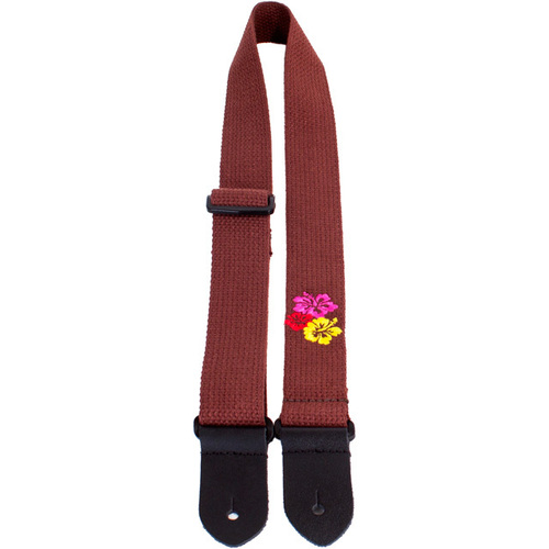 Perris 1.5" Cotton Ukulele Strap in Brown with Hibiscus Embroidery & Leather ends