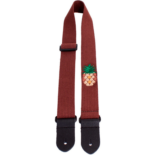 Perris 15" Cotton Ukulele Strap in Brown with Pineapple Embroidery & Leather ends
