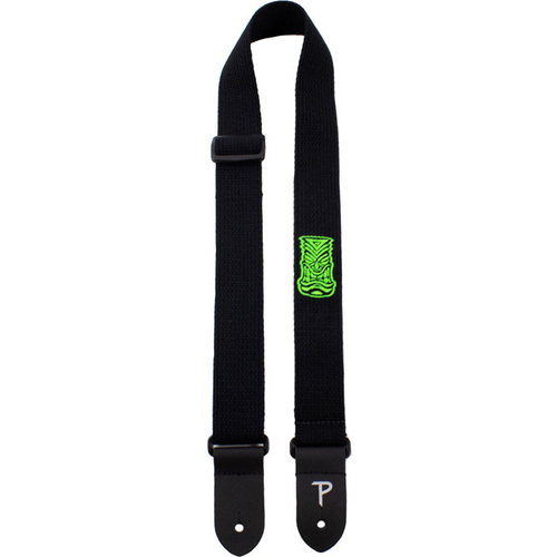 Perris 15" Cotton Ukulele Strap in Black with Green Tiki Embroidery & Leather Ends