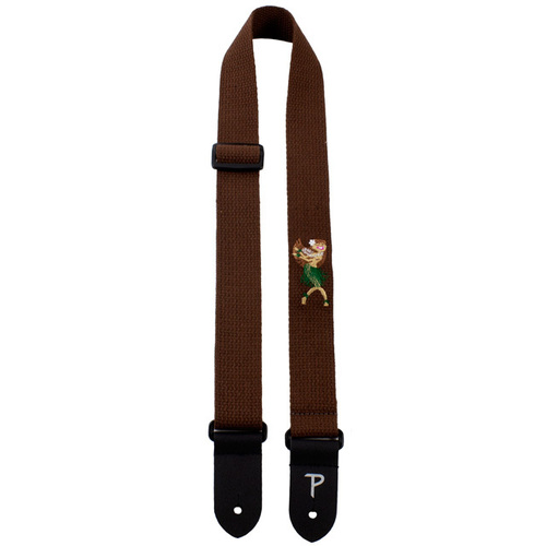 Perris 15" Cotton Ukulele Strap in Brown with Hula Dancer Embroidery & Leather Ends