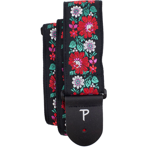 Perris 2.5" Jacquard Guitar Strap with "Red Floral on Black" Design & Leather ends