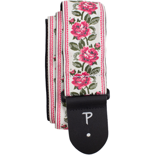 Perris 2.5" Jacquard Guitar Strap with "Red Roses on White" Design & Leather ends