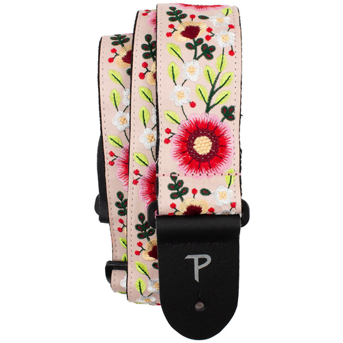 Perris 2" Jacquard Guitar Strap with "Pink Floral Embroidery" Design & Leather ends