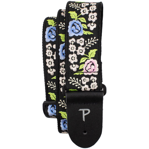 Perris 2" Jacquard Guitar Strap with "Black Floral Trail Embroidery" Design & Leather ends