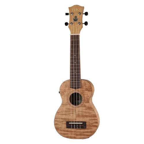 Tiki 2 Series Mahogany Flame Top Soprano Electric Ukulele with Gig Bag in Natural Satin