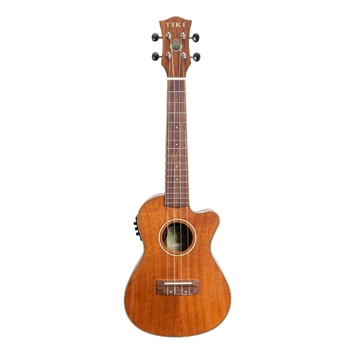 Tiki 9 Series Koa Solid Top Electric Cutaway Concert Ukulele with Hard Case in Natural Satin