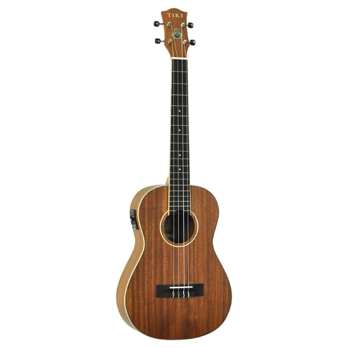 Tiki 5 Series Mahogany Solid Top Electric Baritone Ukulele with Hard Case in Natural Satin