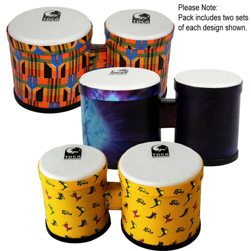 Toca 5 & 6" Freestyle Series Synthetic Bongos in Woodstock Purple, Kente & Lizard Design (6-Pk)