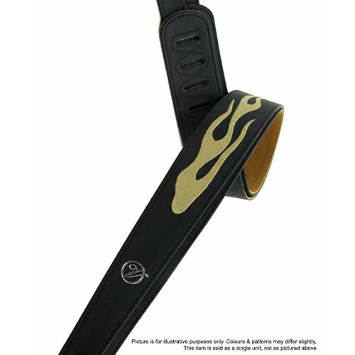 Vorson Black Leather Guitar Strap with Stitched Gold Flame Design