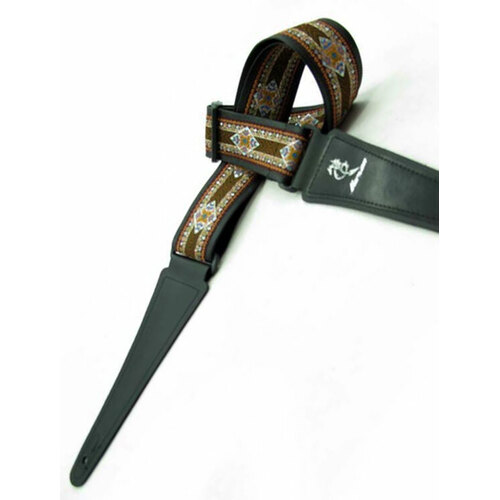Vorson Black Leather Guitar Strap with Special Design 1 Fabric Inlay