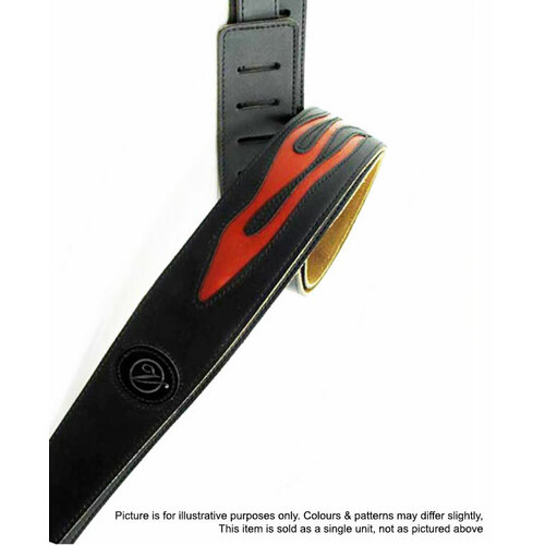 Vorson Black Leather Guitar Strap with Stitched Orange Flame Design