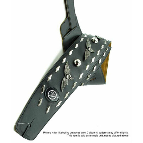 Vorson Black Leather Guitar Strap with Metal Skulls & Batwings